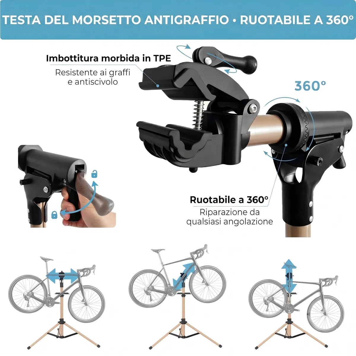 Cavalletto 3 Gambe Alluminio Riparazione e Montaggio Bici, Completamente Pieghevole, Doppio Blocco Sicurezza, Compatto, Ultraleggero, Ampio Vassoio Magnetico