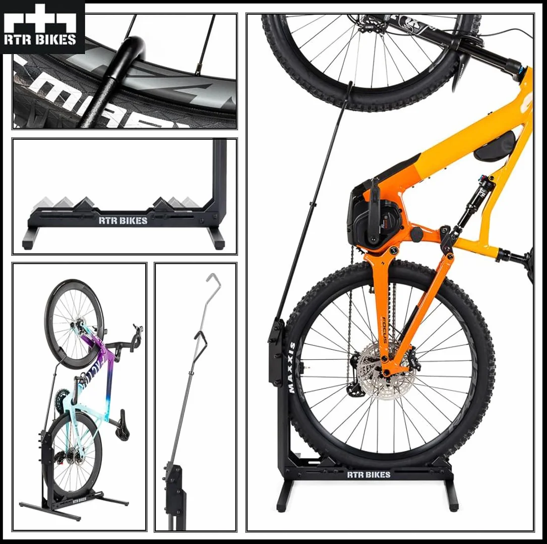 RTR BIKES Brutus Up Cavalletto Bici Verticale e Orizzontale – Supporto Pavimento Salvaspazio per E-Bike e MTB fino a 30kg – Ruote 24-29" e Gomme 3,5" – Made in EU