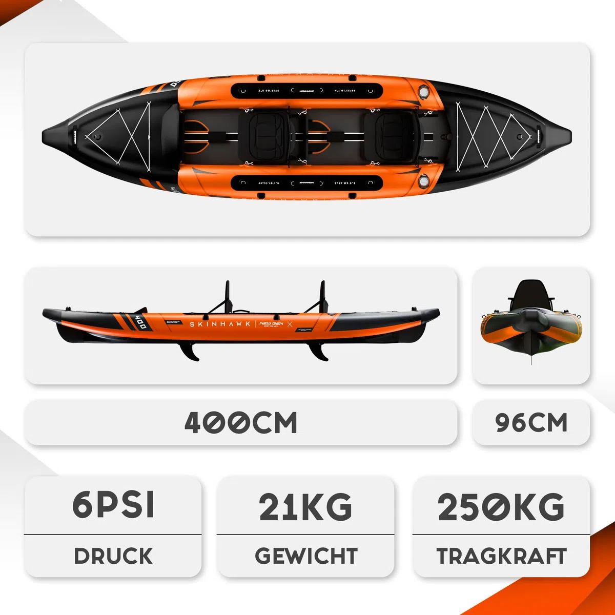 SKINHAWK Prestige Orange Kayak Set 400 - Gommone - Canoa - 400 x 96 cm - 2 persone Kayak