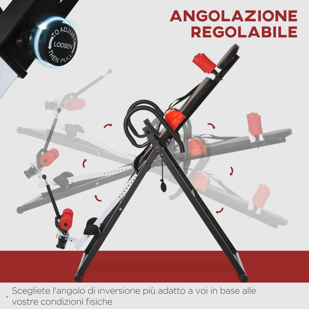 HOMCOM Panca a Inversione con Angolazione e Altezza Regolabile e Poggiatesta, Panca Inversa in Acciaio e Plastica, 79x114x153 cm, Rosso e Nero