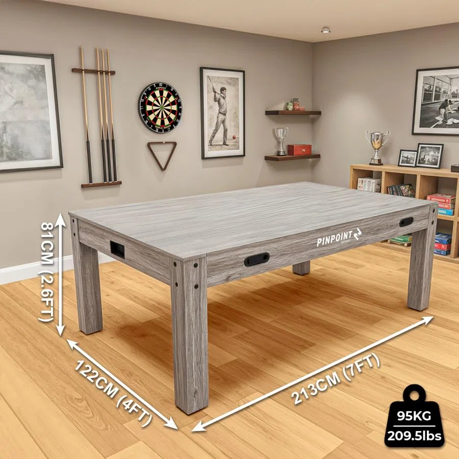 PINPOINT Tavolo da gioco 4 in 1 – biliardo, air hockey, ping pong e giochi da tavolo – Tavolo da interno da 2,1 m con accessori inclusi – Finitura in legno grigio Driftwood per sale giochi e famiglia
