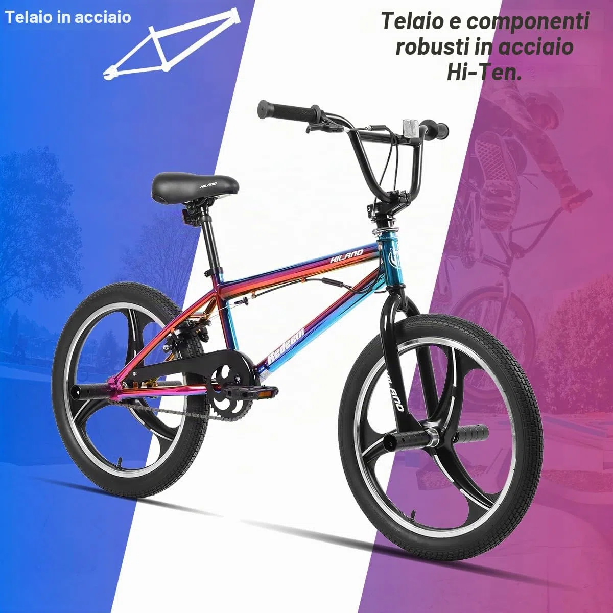 HILAND BMX Bicicletta per bambini da 20 pollici,3 razze, Per bambini e bambine di 7 anni e più，rotore a 361 gradi, freestyle,pedane single speed per bambini,Colorato