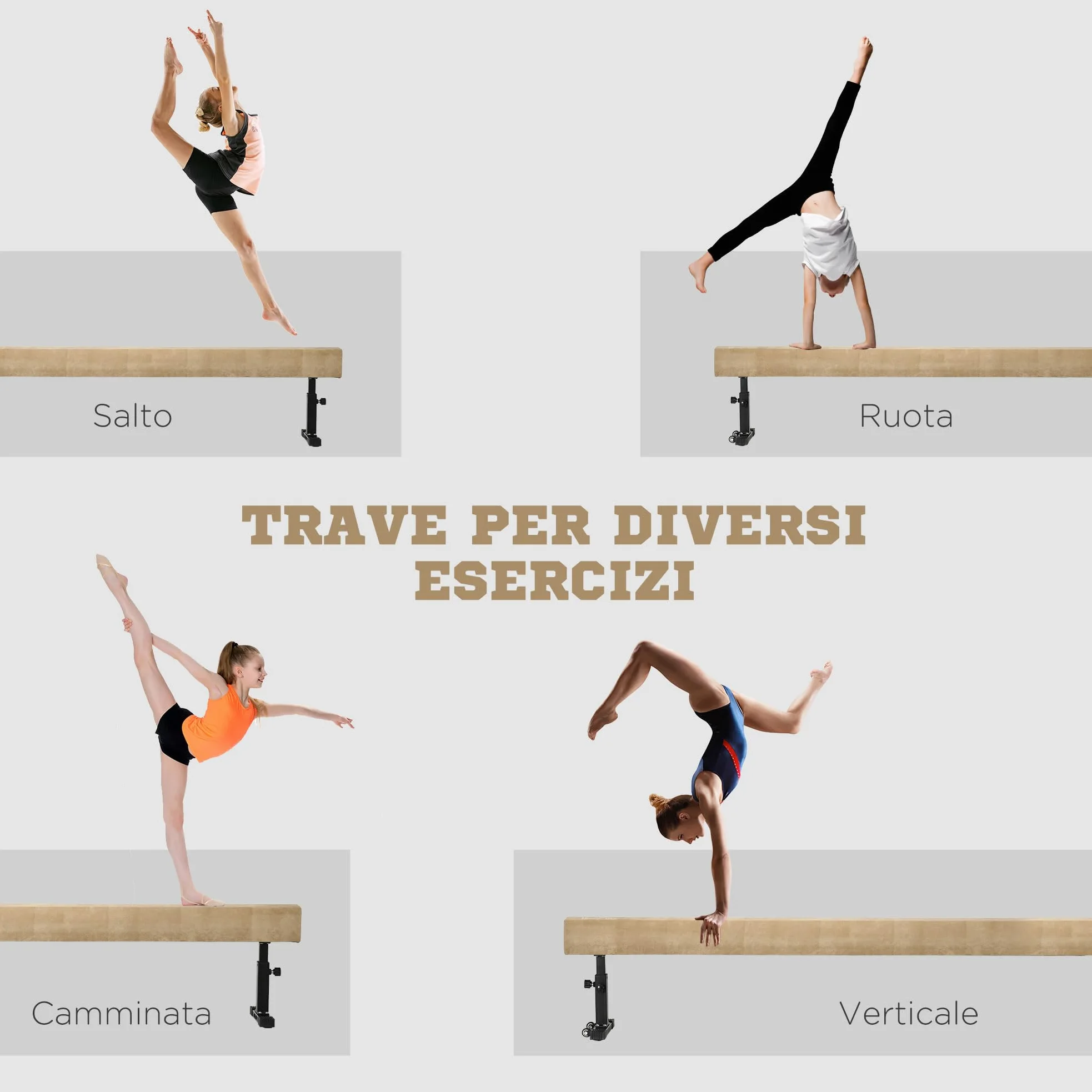 HOMCOM Trave Ginnastica Artistica da Casa con Altezza Regolabile, Ruote e Piedini Antiscivolo, per Bambini da 3-12 Anni, 226x31x59cm, Marrone