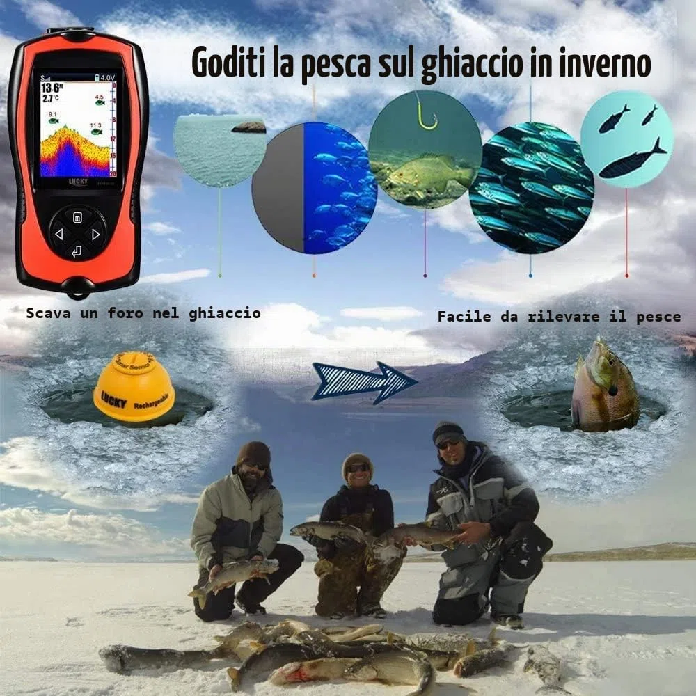 LUCKY Ecoscandaglio da Pesca Portatile Sensore Sonar Trasduttore Cercatore di profondità dell'acqua Schermo a cristalli liquidi Ecoscandaglio Fish Lampada Attraente Sul Ghiaccio Pesca in Mare