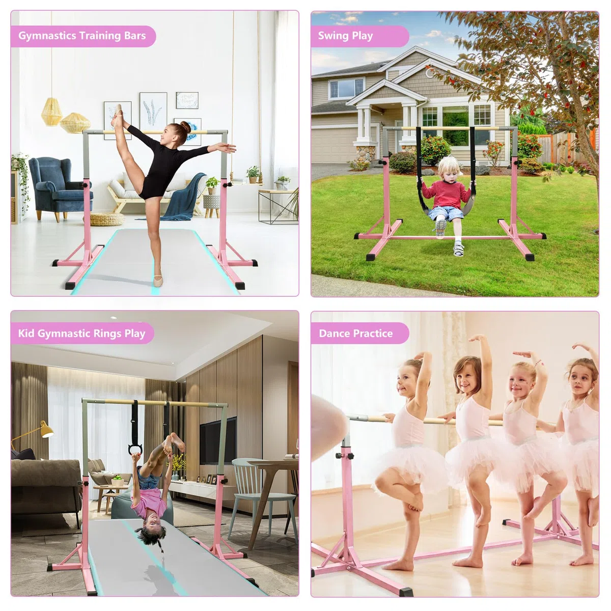 FBSPORT Barra da ginnastica orizzontale con anelli da ginnastica per bambini, regolabile in altezza 13 cm, per allenamento per bambini, attrezzatura da ginnastica per casa, palestra, interni,