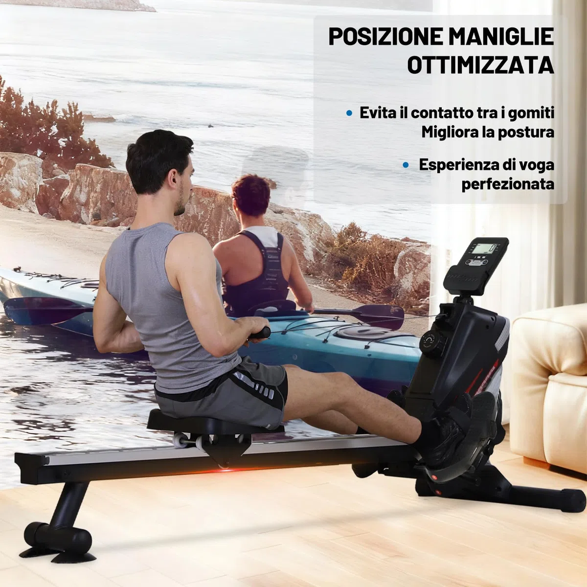 ISE Vogatore per Casa, Vogatore Magnetico Professionale con 8 Livelli di Resistenza Schermo LCD Guide Scorrevoli