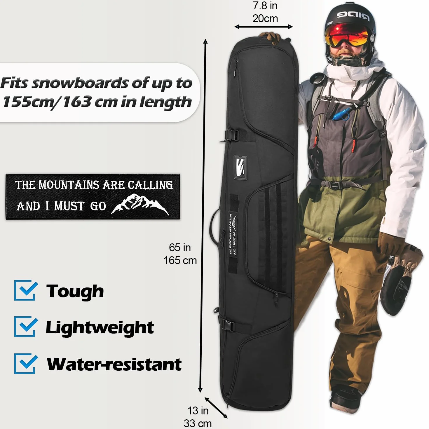 Borsa da viaggio per snowboard, 163 cm, imbottita, per scarponi da sci, attrezzatura da sci
