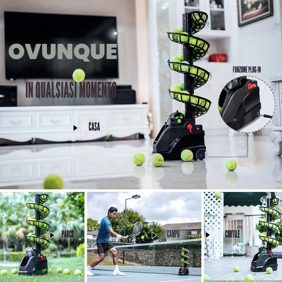 Allenamento Tennis(può Contenere 30 Palline) TennisTrainer,Macchina da Tennis Adatto a Principianti/Bambini/Allenatore/Cortile e Campo,AC/Batteria&Cavo USB