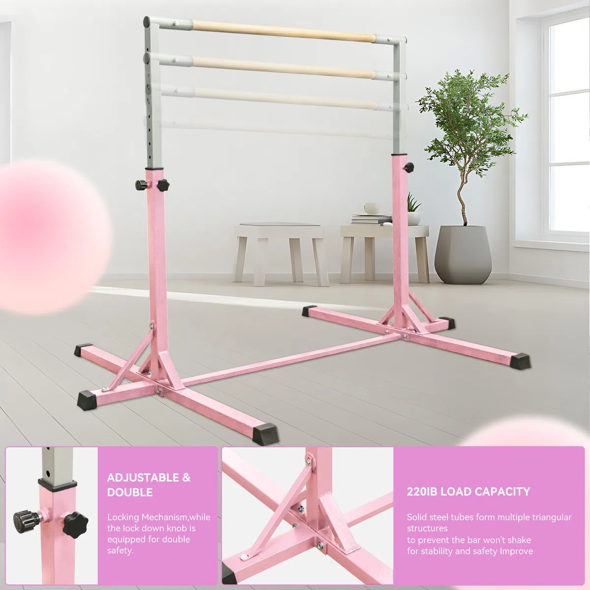 FBSPORT Barra da ginnastica orizzontale con anelli da ginnastica per bambini, regolabile in altezza 13 cm, per allenamento per bambini, attrezzatura da ginnastica per casa, palestra, interni,