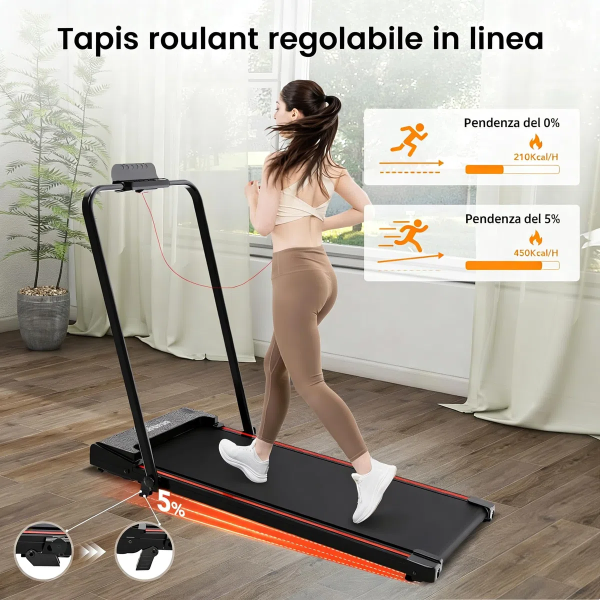 Tapis roulant, inclinazione del 5%, pieghevole, tapis roulant elettrico pieghevole da 1400 W, Walking Pad 12 km/h, tapis roulant elettrico pieghevole
