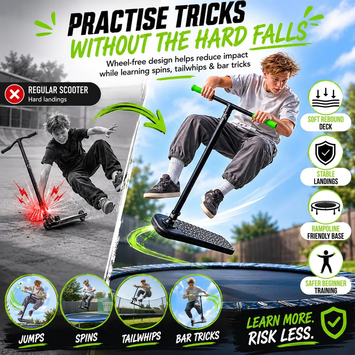 Monopattino Trampolino Acrobatico – Scooter Trick Senza Ruote per Bambini e Ragazzi 8+ – Altezza Regolabile – Ultralleggero – Allenamento Freestyle Indoor e Outdoor