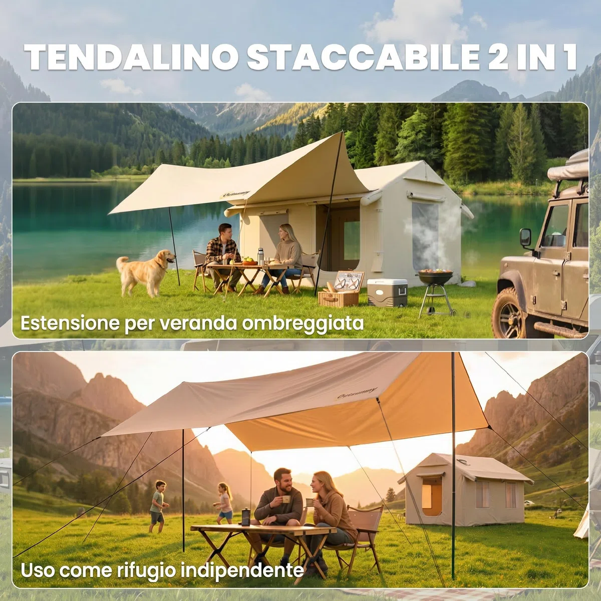 Outsunny Tenda da Campeggio Gonfiabile con Pompa per 6-8 Persone, Tenda Campeggio Impermeabile 3000mm Antivento, con Apertura per Stufa, Tetto Rimovibile e Pavimento Cucito, Montaggio Rapido, Cachi