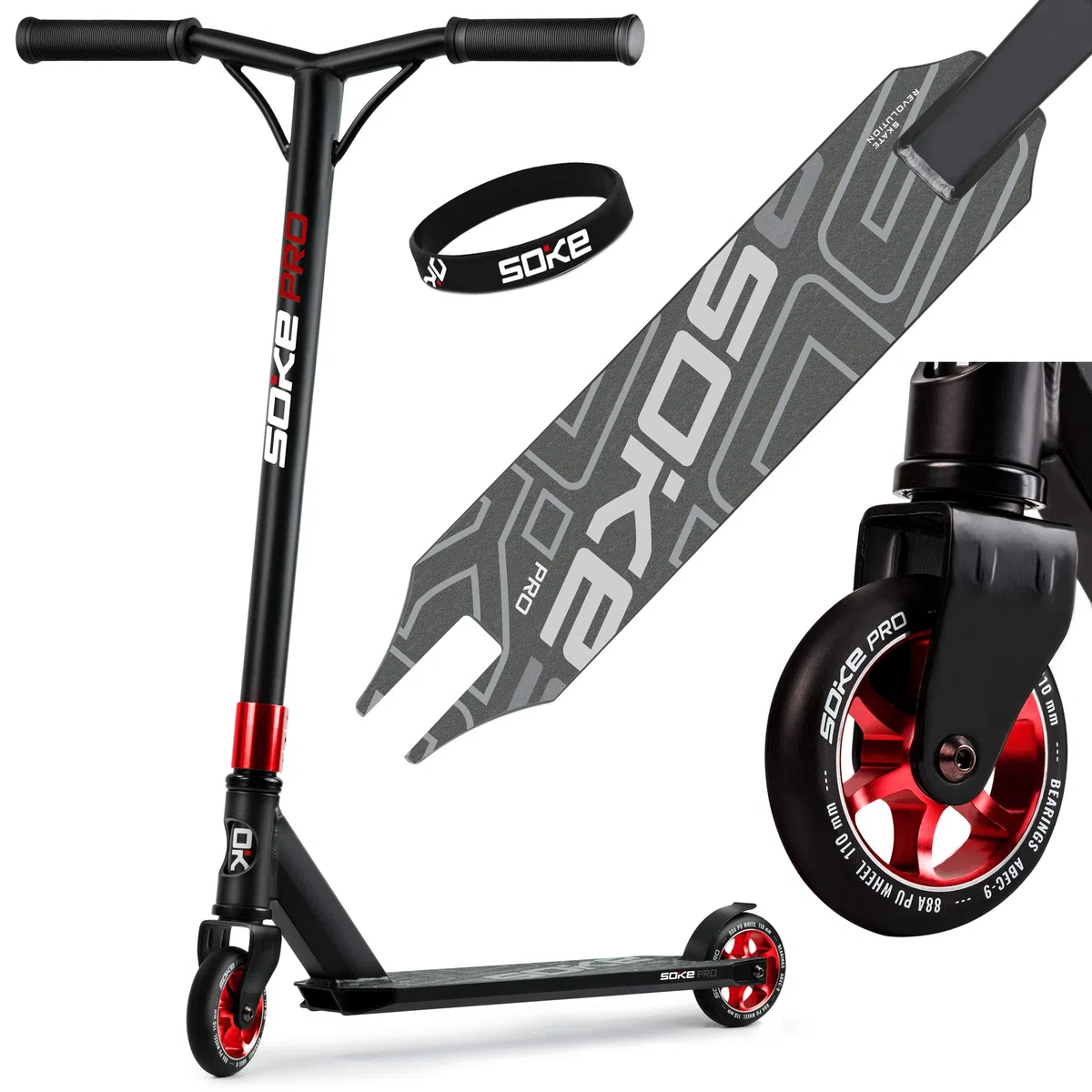 SOKE Stunt Scooter PRO Kick-Scooter con cuscinetti a sfera ABEC 9 Trick scooter per adulti e bambini Due ruote Freestyle Cityroller | 2 ruote | Portata 100kg (nero-rosso)