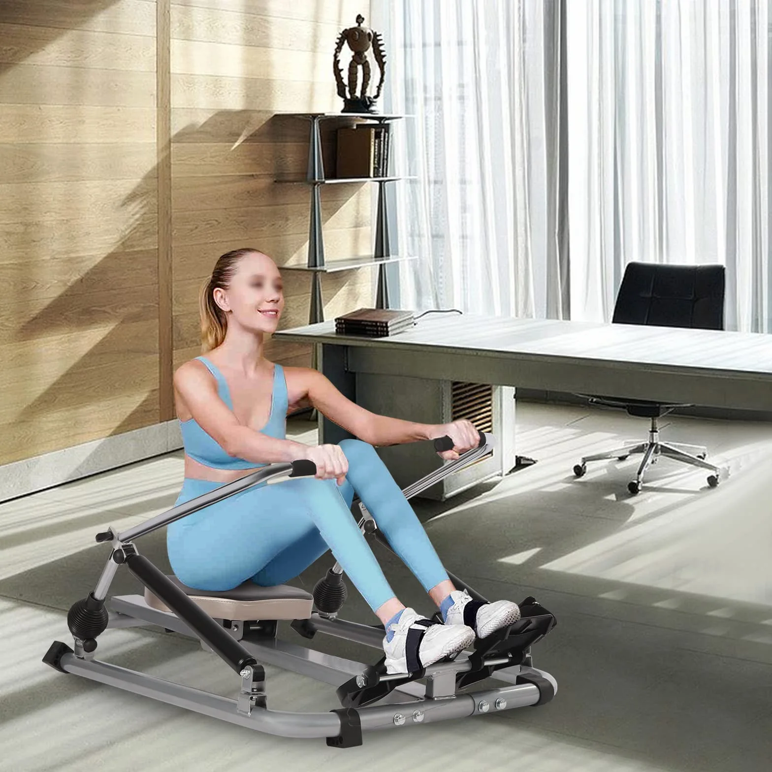 Vogatore idraulico, completamente mobile, regolabile, con resistenza a gradini da 15 a 55 kg, sedile morbido e monitor LCD e guida lunga da 45 pollici per esercizi cardio(scuro)