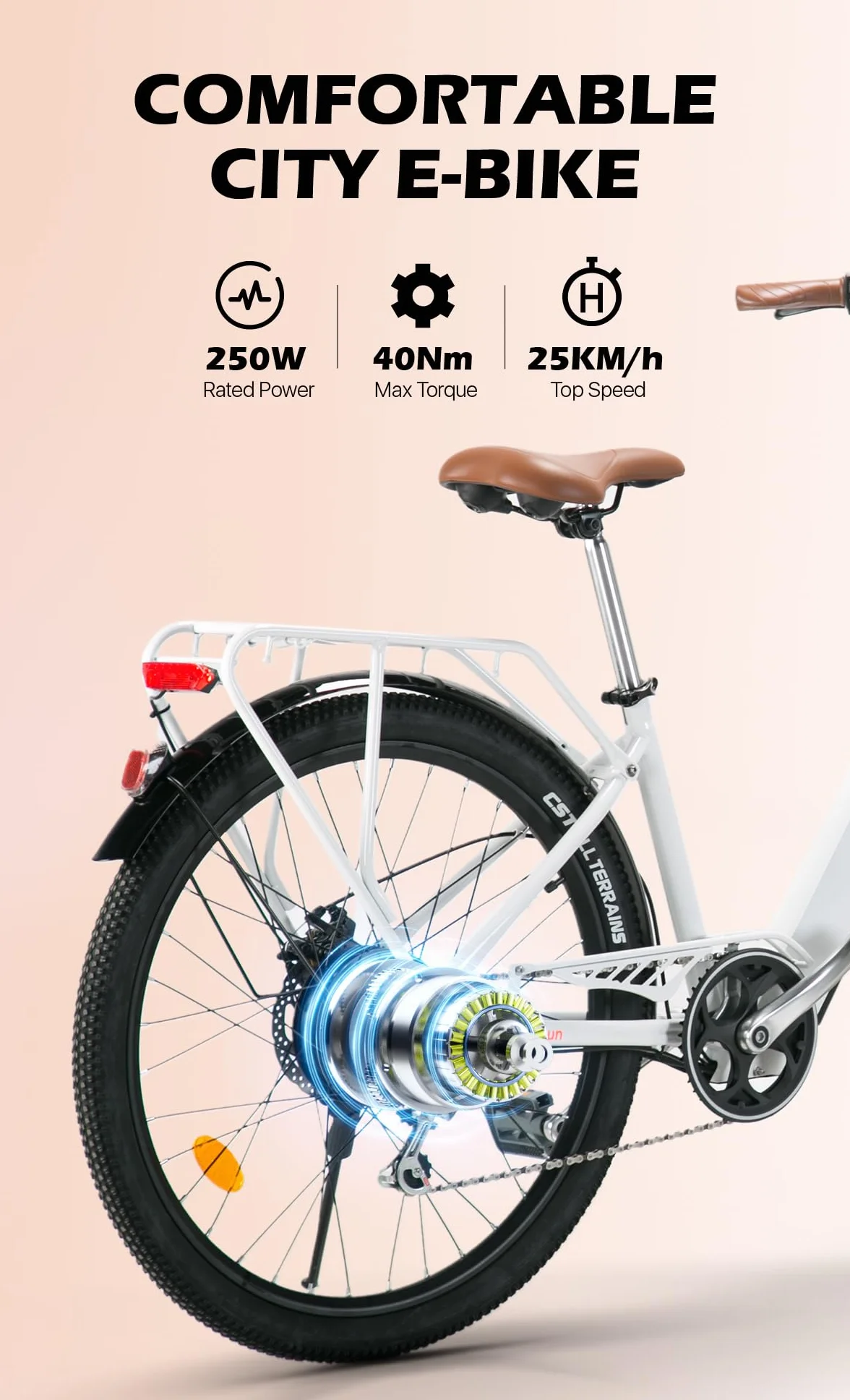 cysum cityrun bici elettrica donna, 26'' pedalata assistita Bicicletta Elettrica, City E-bike per adulti, 250W motore 25km/h, 36v 360WH batteria al litio, gamma 80KM, lcd dispaly