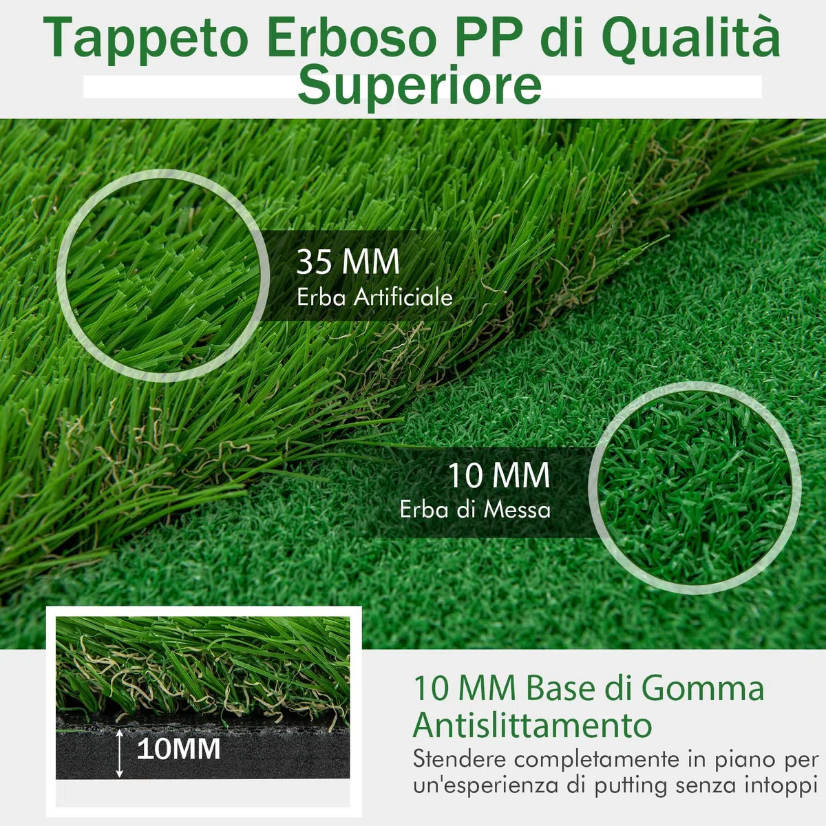 COSTWAY Tappetino da Golf Professionale, Campo da Golf con Erba Artificiale Realistica, 3 Buche, 3 Bandierine e Tazze per l'Allenamento Interno ed Esterno, 300 x 100 CM