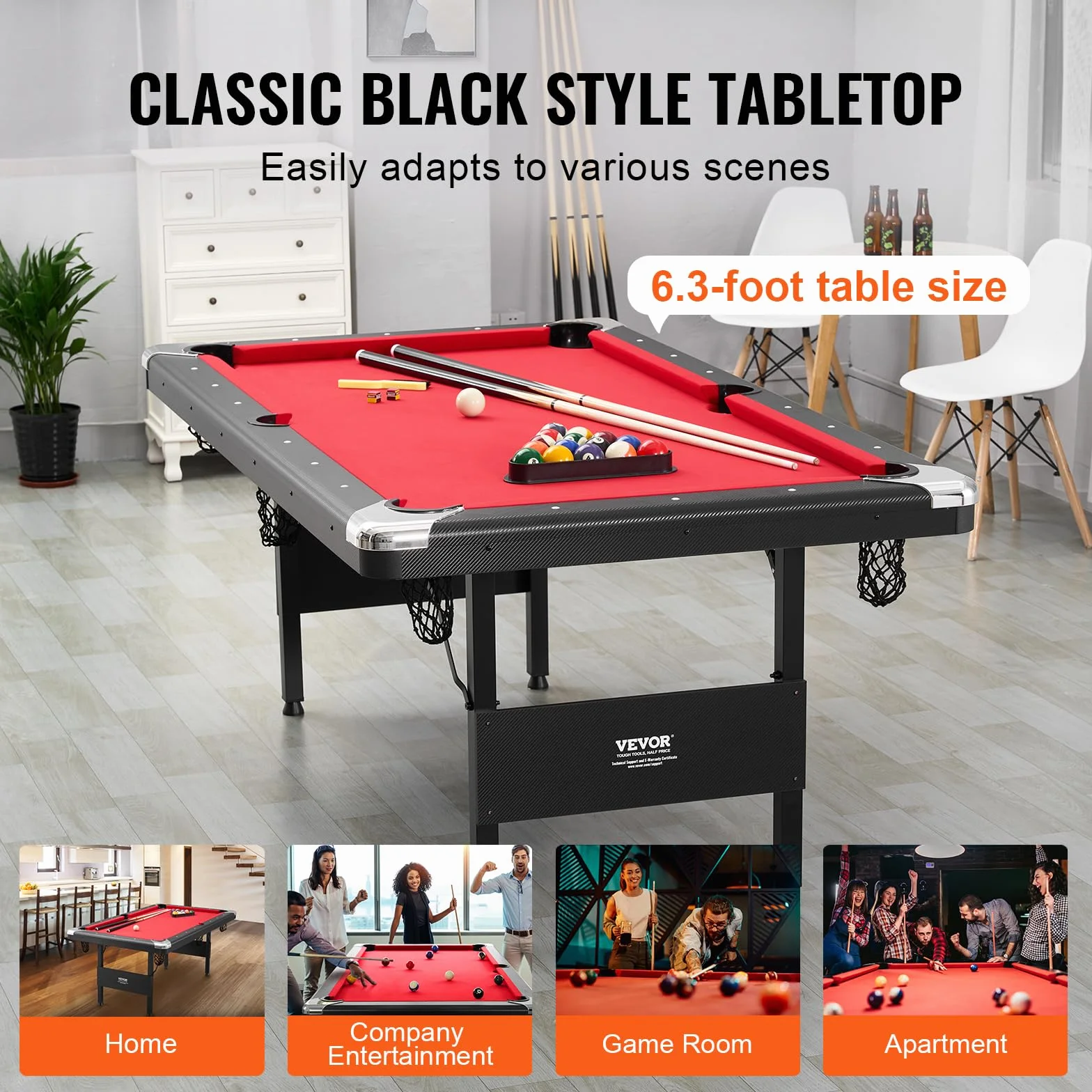 VEVOR Tavolo da Biliardo 1,9 m, Tavolo Portatile e Pieghevole, Set da Biliardo con Palline, Stecche, Gesso, Nero con Panno Rosso, Perfetto per la Sala Giochi della Famiglia, Bambini e Adulti