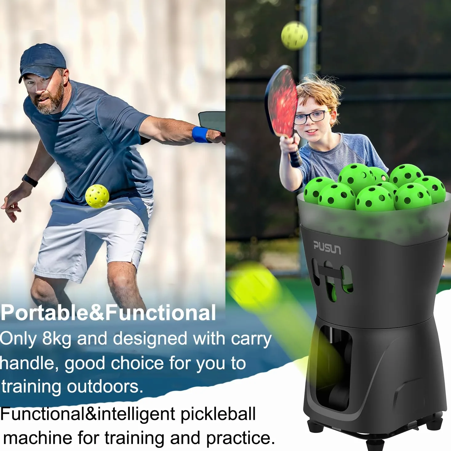 PUSUN Macchina per pickleball, macchina per pickleball PP-Mini Pro per bambini e principianti, supporta app e telecomando, contiene 65 più palline contemporaneamente, durata della batteria 3-5 ore,