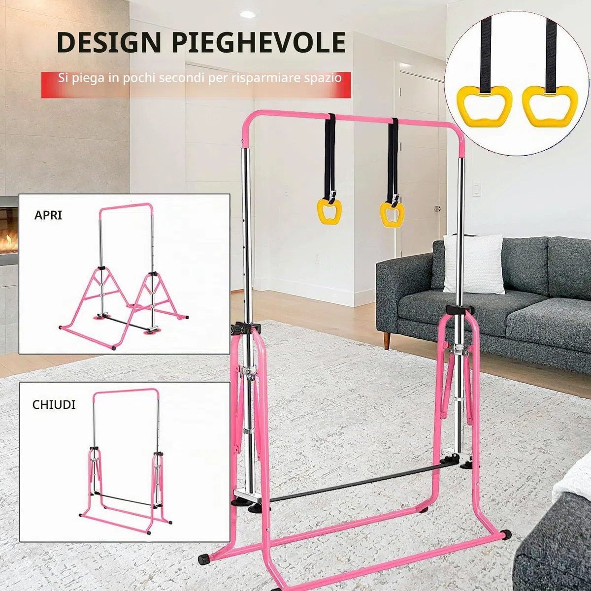 Barra orizzontale per ginnastica, per allenamento junior, attrezzatura da ginnastica per la casa, regolabile in altezza, telescopica, pieghevole, orizzontale, con anelli da ginnastica
