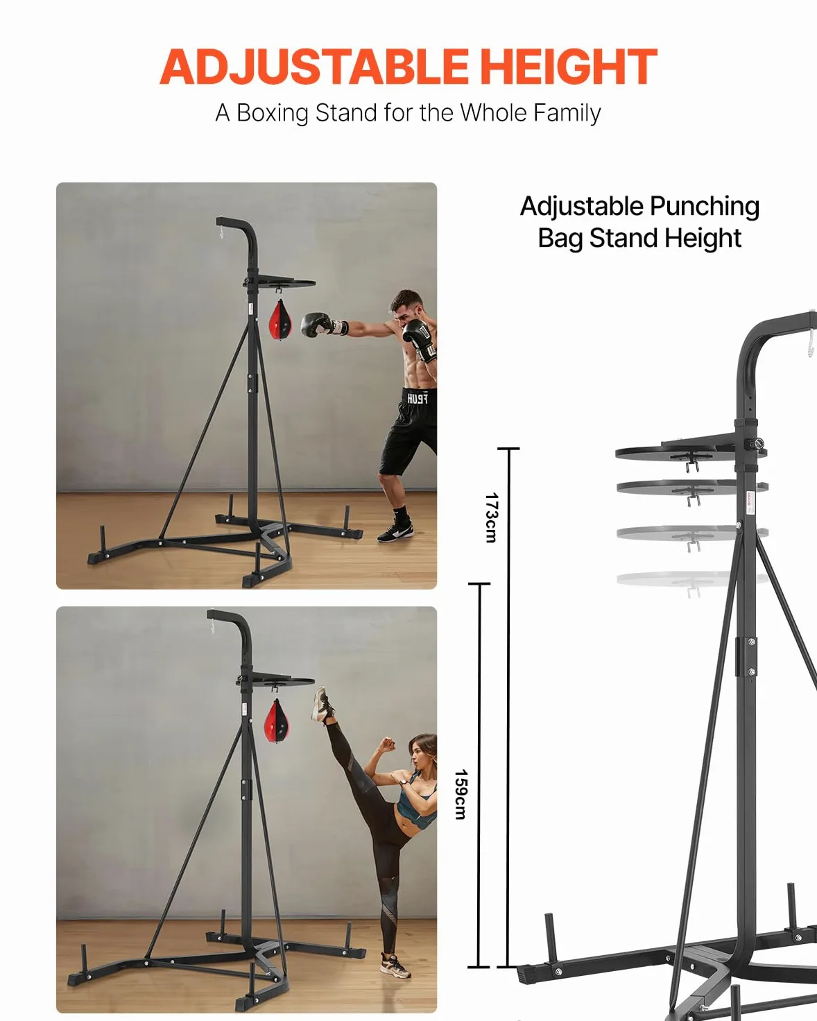 VEVOR Supporto per Sacco da Boxe, Attrezzatura per Allenamento Regolabile in Altezza, Supporta 65 kg, con Base Appesantita, Sacco per Allenamento Palestra Casa, Nero 132x114x201 cm