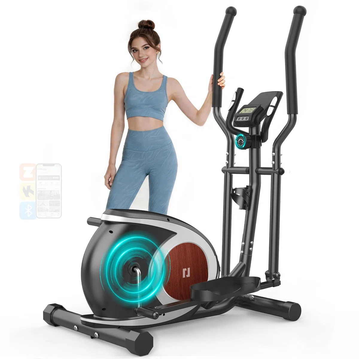 Ellittica da Casa, Ellittiche con 16 Livelli di Resistenza Magnetica, Display LCD con Bluetooth e Ruote di Trasporto, Attrezzo per L'allenamento Completo del Corpo a Casa con Portabottiglia