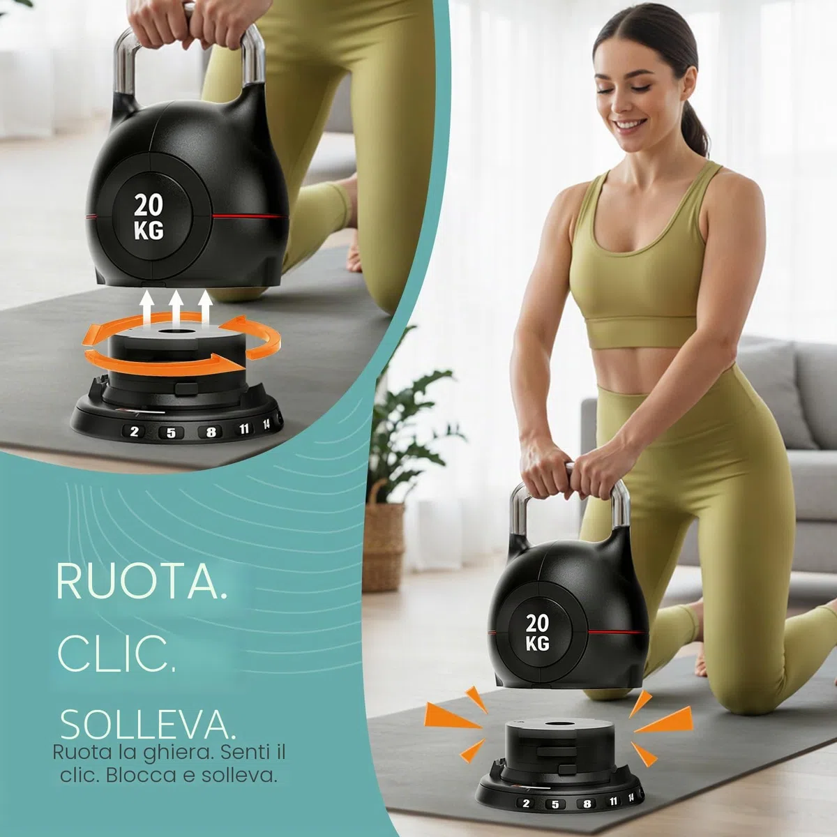 Kettlebell Regolabile 7 in 1, 20 kg Kettlebell con 7 Livelli di Peso, Manubrio per Allenamento a Casa & Fitness, Ideale per Allenamento Completo del Corpo, Compatto & Salvaspazio