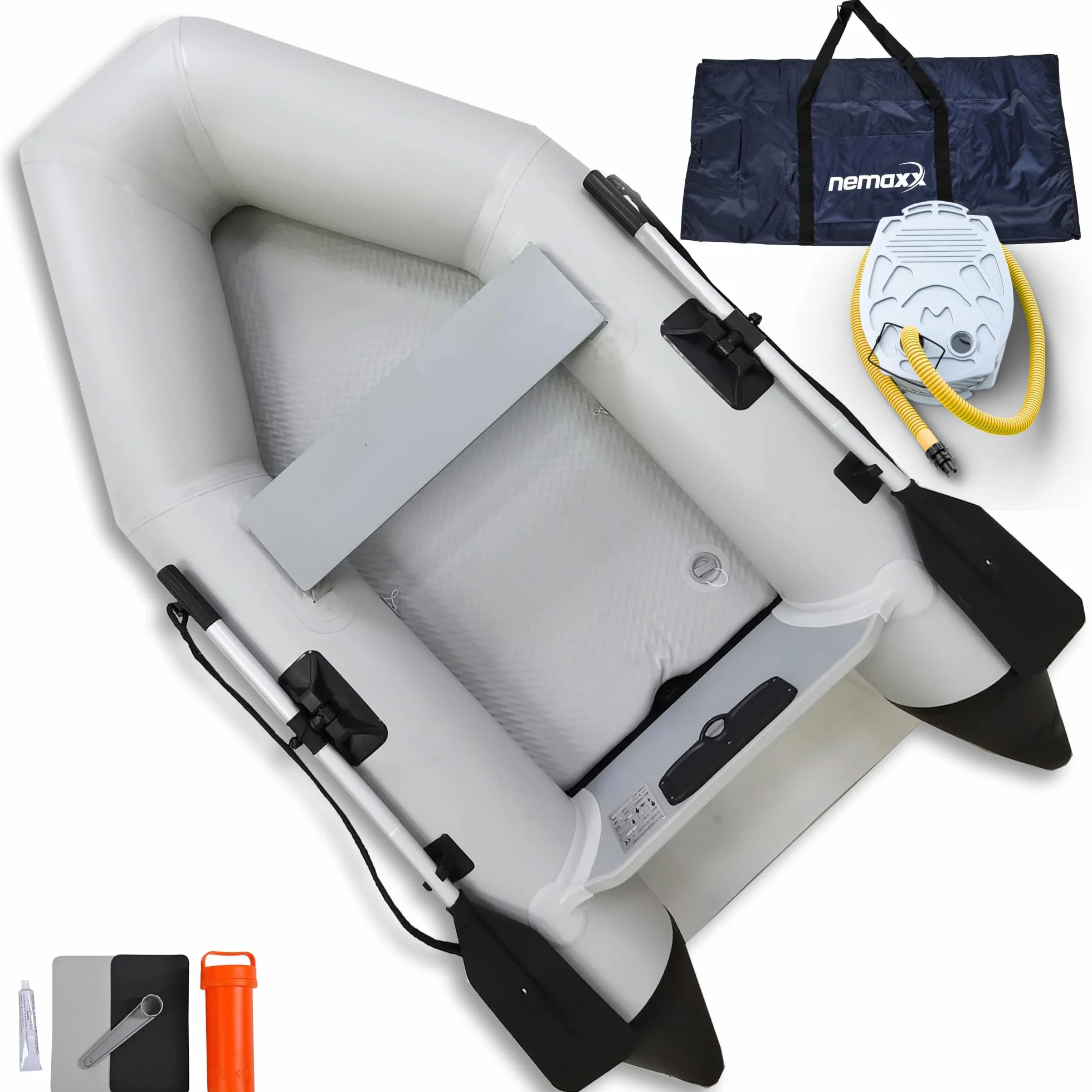 NEMAXX® Gommone 230/330/380 cm per 2/5/7 persone – Barca a pagaia/da pesca e a remi – Fondo gonfiabile/fondo in alluminio, motorizzabile, fino a 905 kg – incl. 2 remi, pompa, borsa, kit di riparazione
