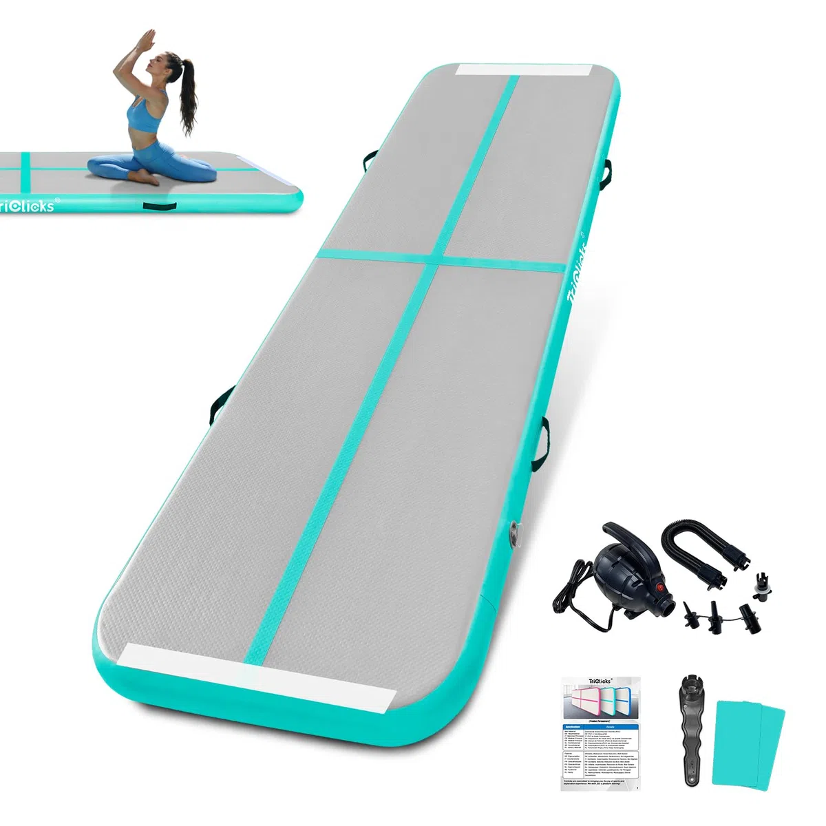Triclicks Tappetino gonfiabile da ginnastica, Tappeto da ginnastica Air Tumble Track, 1/2.5/3/5M, Spessore 10cm, Materasso Ginnastica da Casa/Yoga/Cheerleading (Verde, 300x100x10cm)