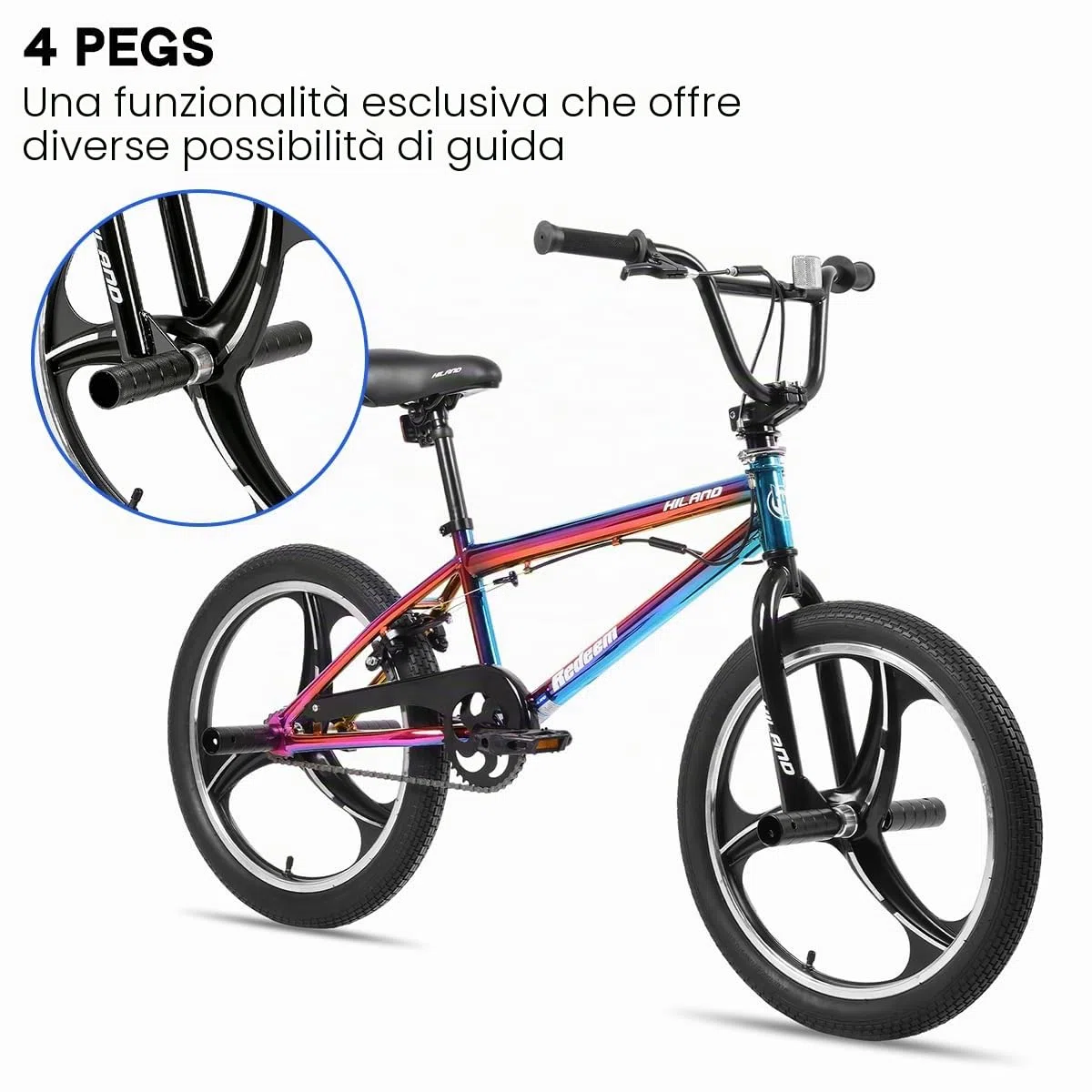 HILAND BMX Bicicletta per bambini da 20 pollici,3 razze, Per bambini e bambine di 7 anni e più，rotore a 361 gradi, freestyle,pedane single speed per bambini,Colorato