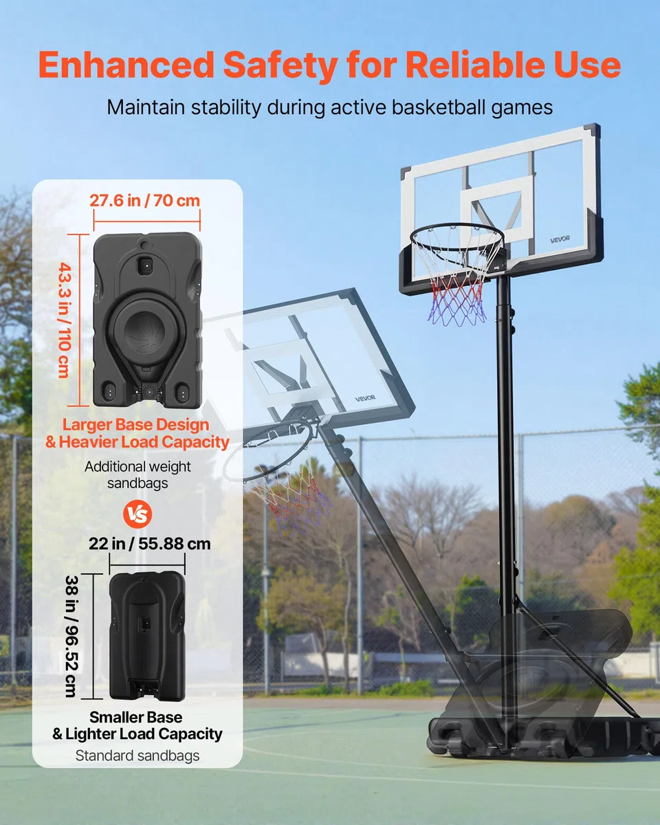 VEVOR Canestro da Basket da Esterno con Piedistallo Regolabile in Altezza Fino a 3,05 m con Ruote e Tabellone in PC da 1219,2 mm, Set di Tabelloni, Sistema di Canestro da Basket per Cortili, Piscine