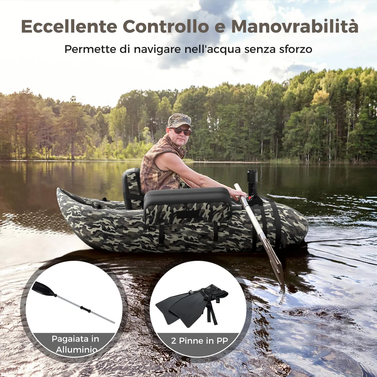 COSTWAY Belly Boat da Pesca Portatile, Gommone Gonfiabile da Pesca con Porta Canne Regolabile, Pompa, Pagaia in Alluminio, Spallacci e Kit di Riparazione, Barca da Mare con 2 Pinne, capacità 160kg