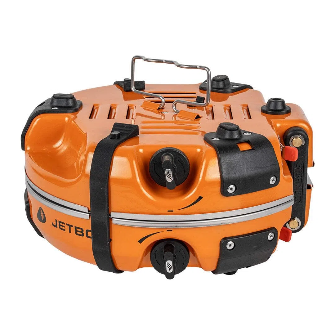 Jetboil Genesis Base Camp Compact Sistema di Cottura a 2 fuochi Isobutano Alimentato Solo Pasti Grande Gruppo Cottura Padella 25,4 cm Fry Pan 5 LT Flux Ring Cookpot Borsa per il trasporto Parabrezza