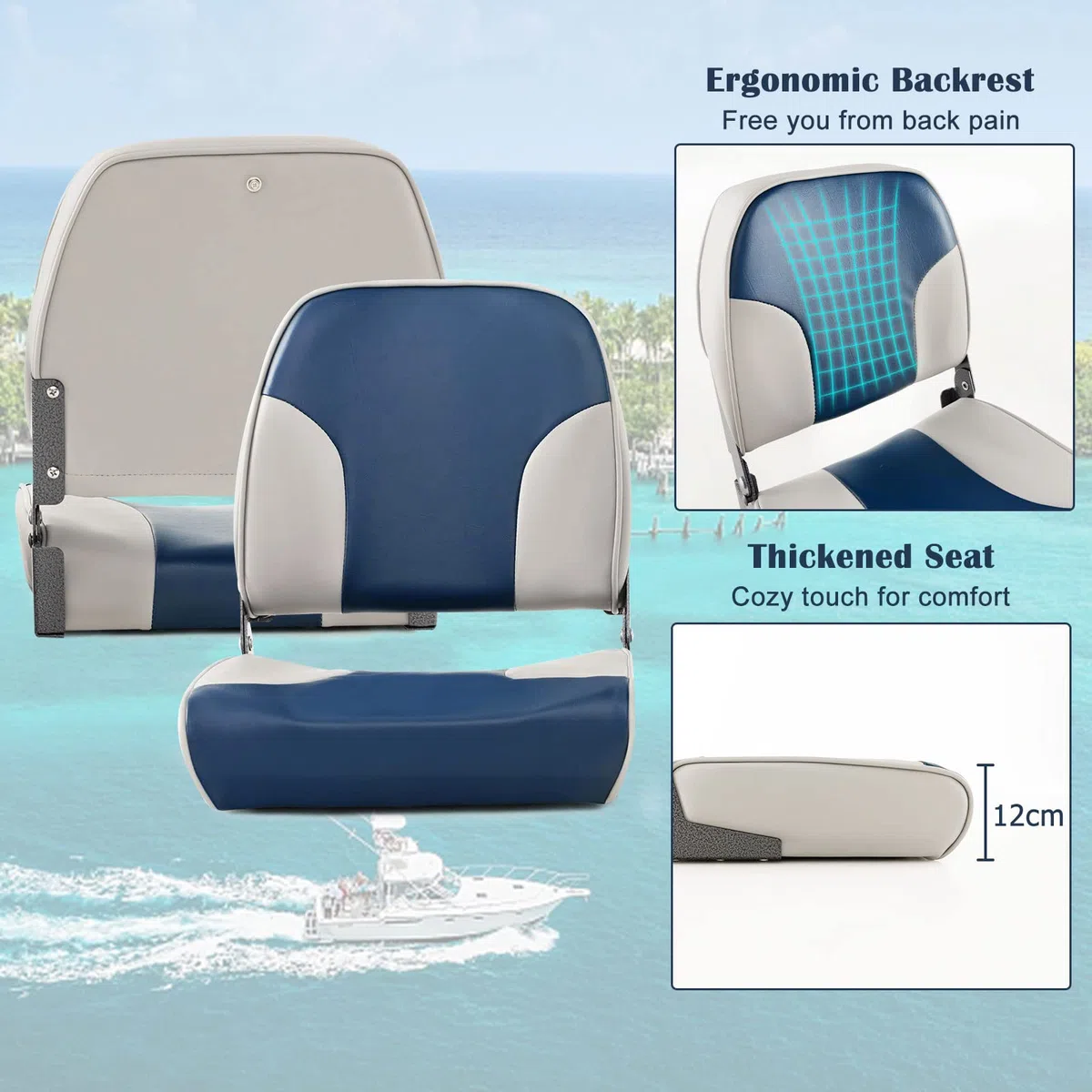 HOMASIS Set di 2 Sedili Pieghevoli per Barche, Seduta Imbottita con Telaio in Alluminio, Sedile da Comando Impermeabile con Cintura di Fissaggio per Imbarcazioni, Portata di 180 kg, 49 x 41 x 47 cm