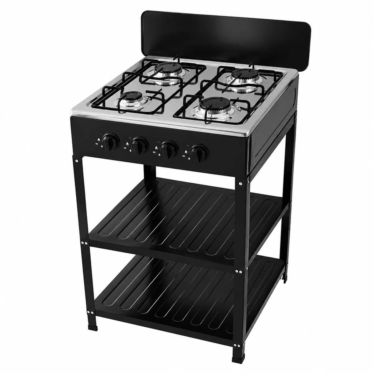 Fornello a Gas 4 Fuochi Portatile con Supporto a 2 Ripiani in Acciaio, Cucina da Esterno SOLO GPL/LPG, Accensione Piezoelettrica, Ideale per Campeggio Giardino Terrazzo Picnic