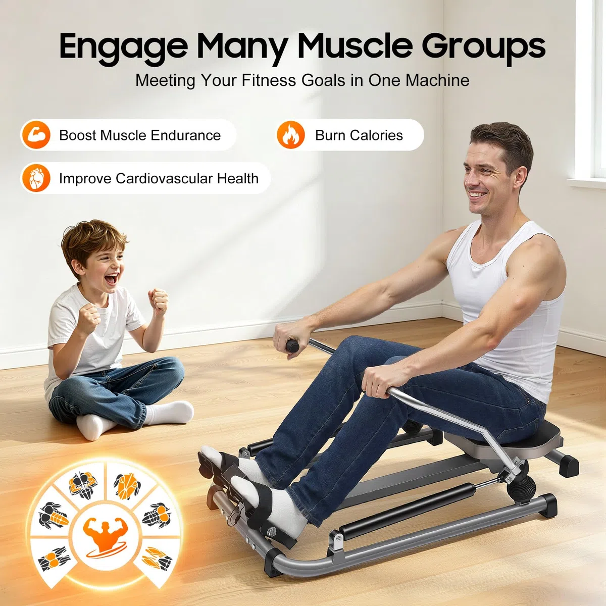 Vogatore per casa a 360°, pieghevole, monitor LCD fino a 120 kg, con sedile morbido per allenamento cardio e forza