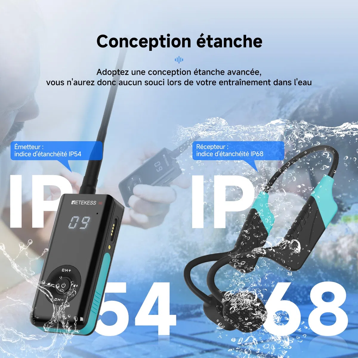 Retekess TT120 Comunicatore Subacqueo, Cuffie da Nuoto a Conduzione Ossea, IP68 Impermeabile, 120 m, Sistema di Comunicazione Per Allenamento,Club di Nuoto, Coaching (1 Trasmettitore, 2 Ricevitori)