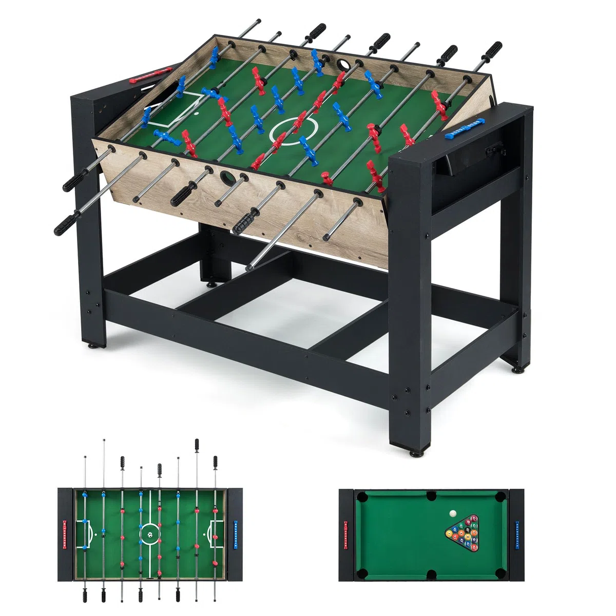 RELAX4LIF Tavolo Multigioco 2 in 1, Tavolo Combo con Biliardino e Biliardo, 2 Palline e Bastoni da Stecca, Triangolo, Spazzola, 2 Gessetti, Salvaspazio per Serate in Famiglia, Sala Giochi, Feste