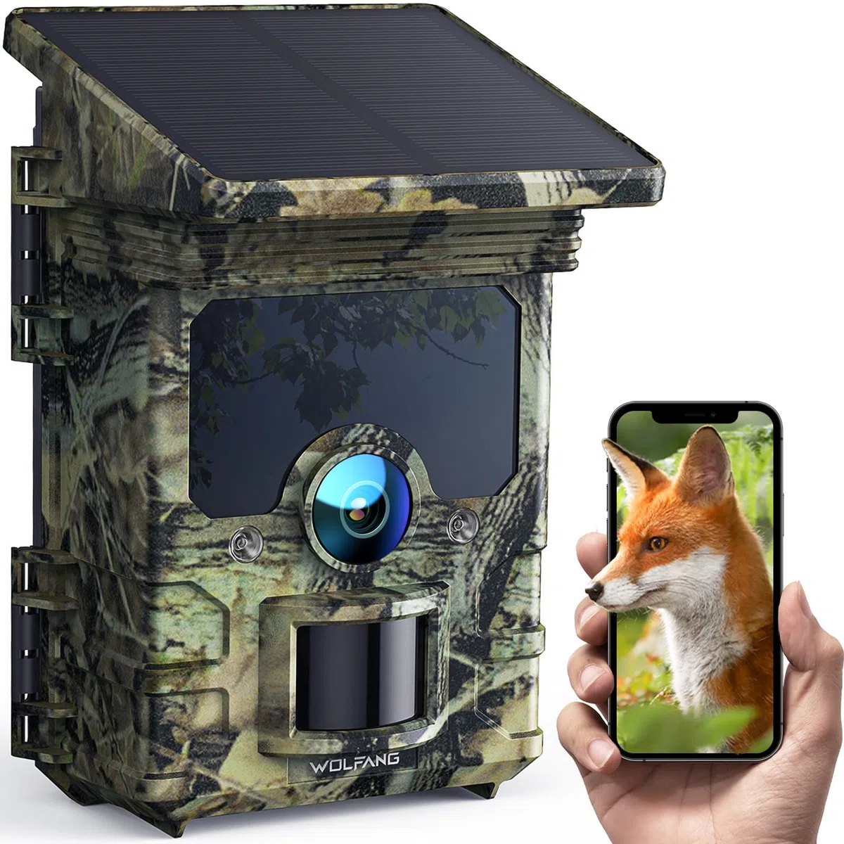 WOLFANG Fototrappola 68MP 4K 30fps, Solare Wi-Fi Bluetooth e App Fotocamera Caccia con Batteria Ricaricabile da 5200mAh, Angolo di Rilevamento 120°, Trigger 0,1S, Visione Notturna Impermeabile IP66