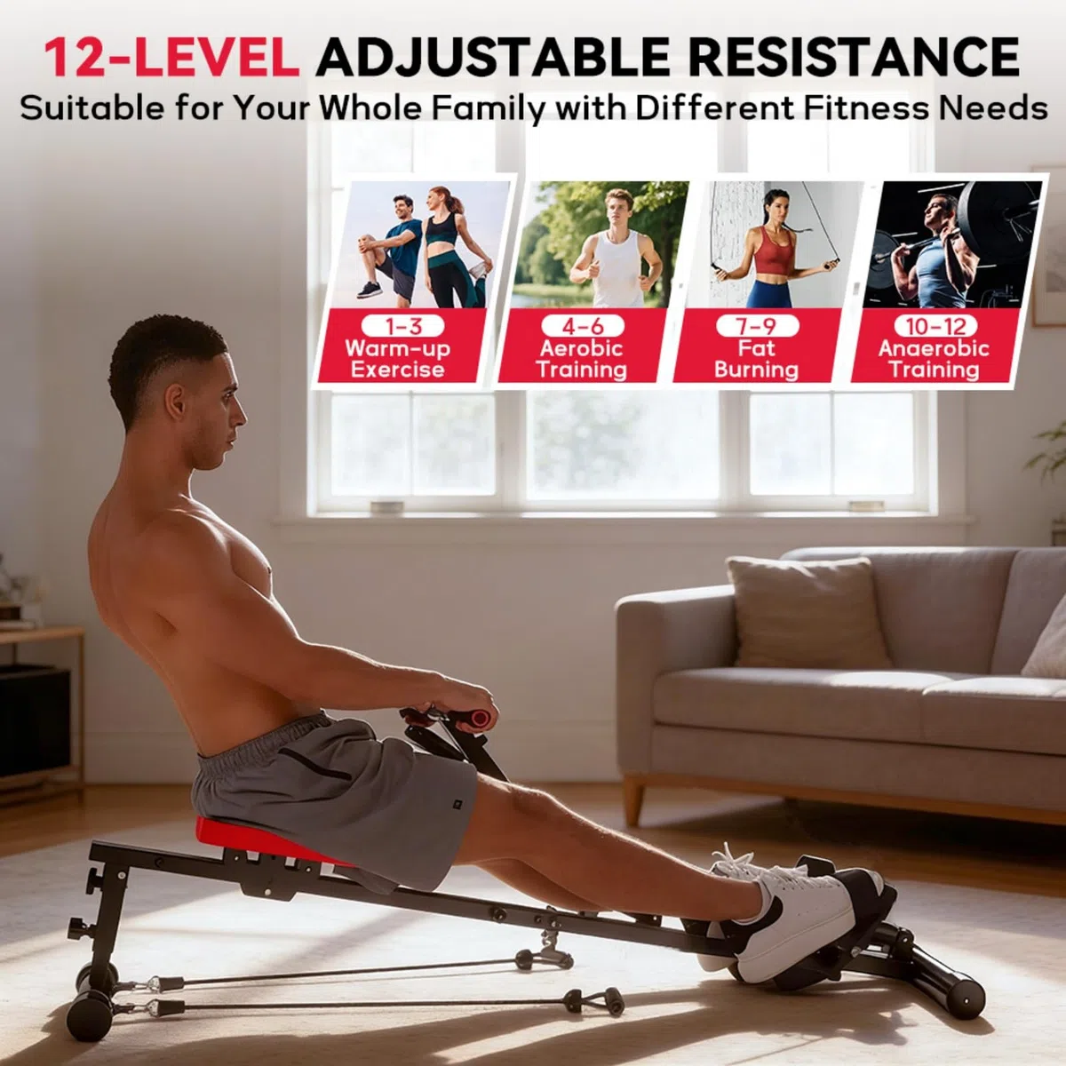 Vogatore per la casa idraulica, 12 livelli di resistenza, capacità di carico 180 kg, per allenamento completo vogatore fitness