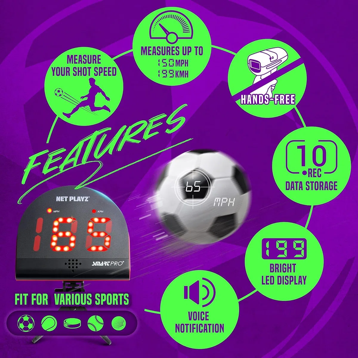 Radar di calcio, Attrezzature per l'allenamento dei sensori di velocità (pistole radar a mani libere, pistole di velocità di tiro | Regali di calcio, gadget e attrezzatura high-tech per giocatori di