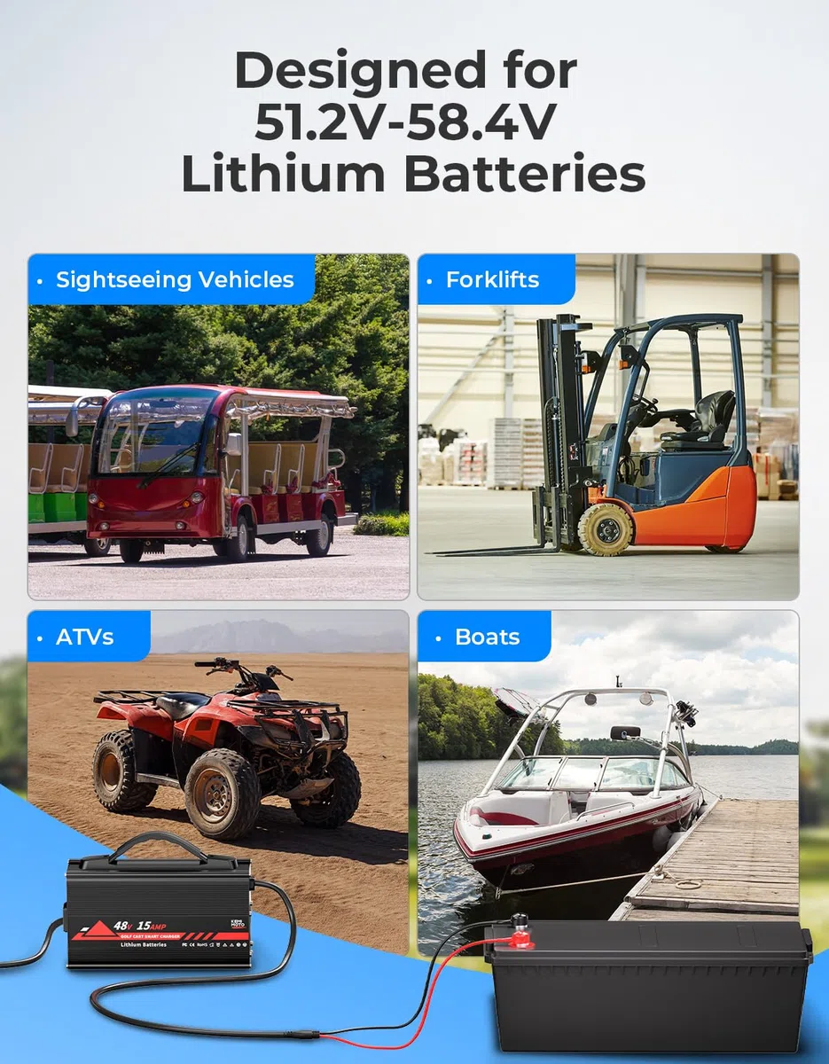 KEMIMOTO Caricatore universale per carrello da golf da 48 V, batteria al litio da 15 A, 51,2 V-58,4 V, Lifepo4, caricabatterie da golf cart da 48 Volt, protezione da sovraccarico, completo in 4-6 ore