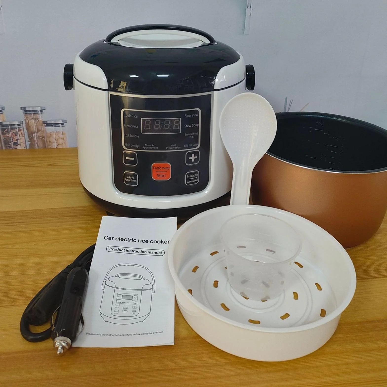 Mini Cuociriso Portatile 2L con Vassoio Vapore, Mantenimento Calore, Cottura Veloce per Auto Camion Casa Viaggi, per 2-4 Persone