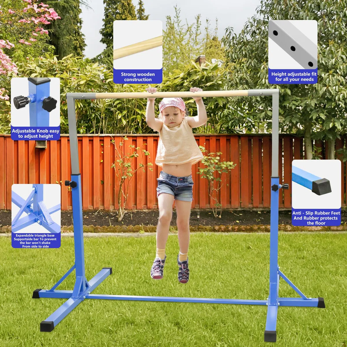 FBSPORT Barra da Ginnastica per Bambini con 13 Altezze Regolabili,Sbarra di Ginnastica per Bambini Barra Ginnastica Orizzontali Artistica Palestra Danza per Bambini e Bambine e Portatile Blu