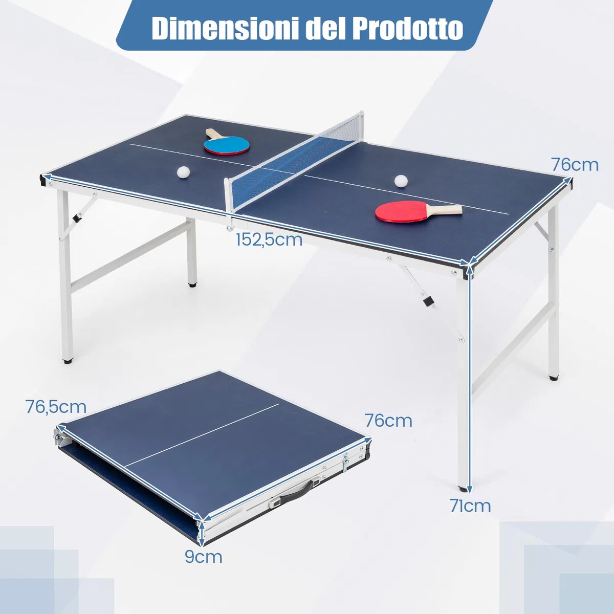 COSTWAY Tavolo da Ping Pong Pieghevole 152,5 x 76 x 71 cm, Tavolo da Ping Pong Salvaspazio e Portatile da Interno ed Esterno con Rete, 2 Racchette, 2 Palline e Maniglia, Preassemblato