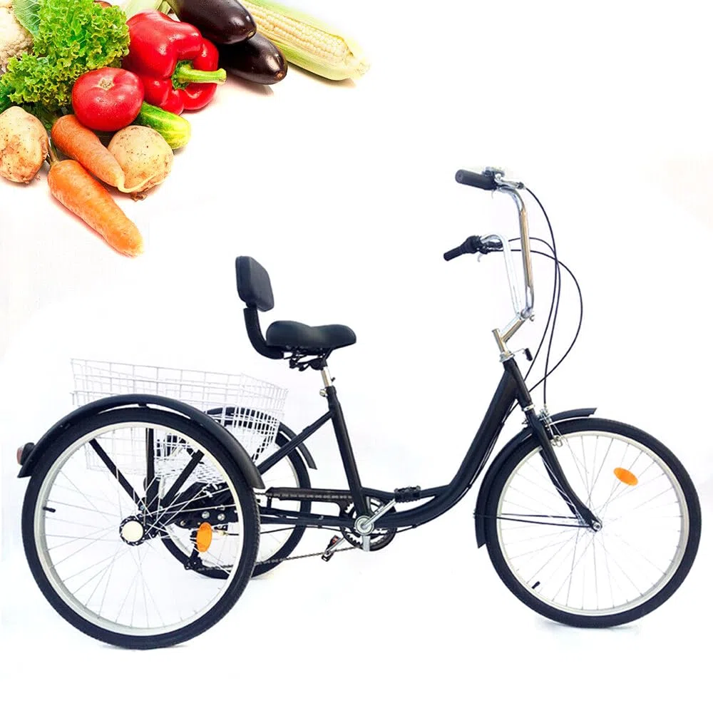 24 Pollici Triciclo per Adulti Bicicletta 3 Ruote Adulto Regolabile in Altezza con Parafango e Maniglia Antiscivolo 6 Velocità Triciclo con Cestino, per Uomo, Donna, Senior