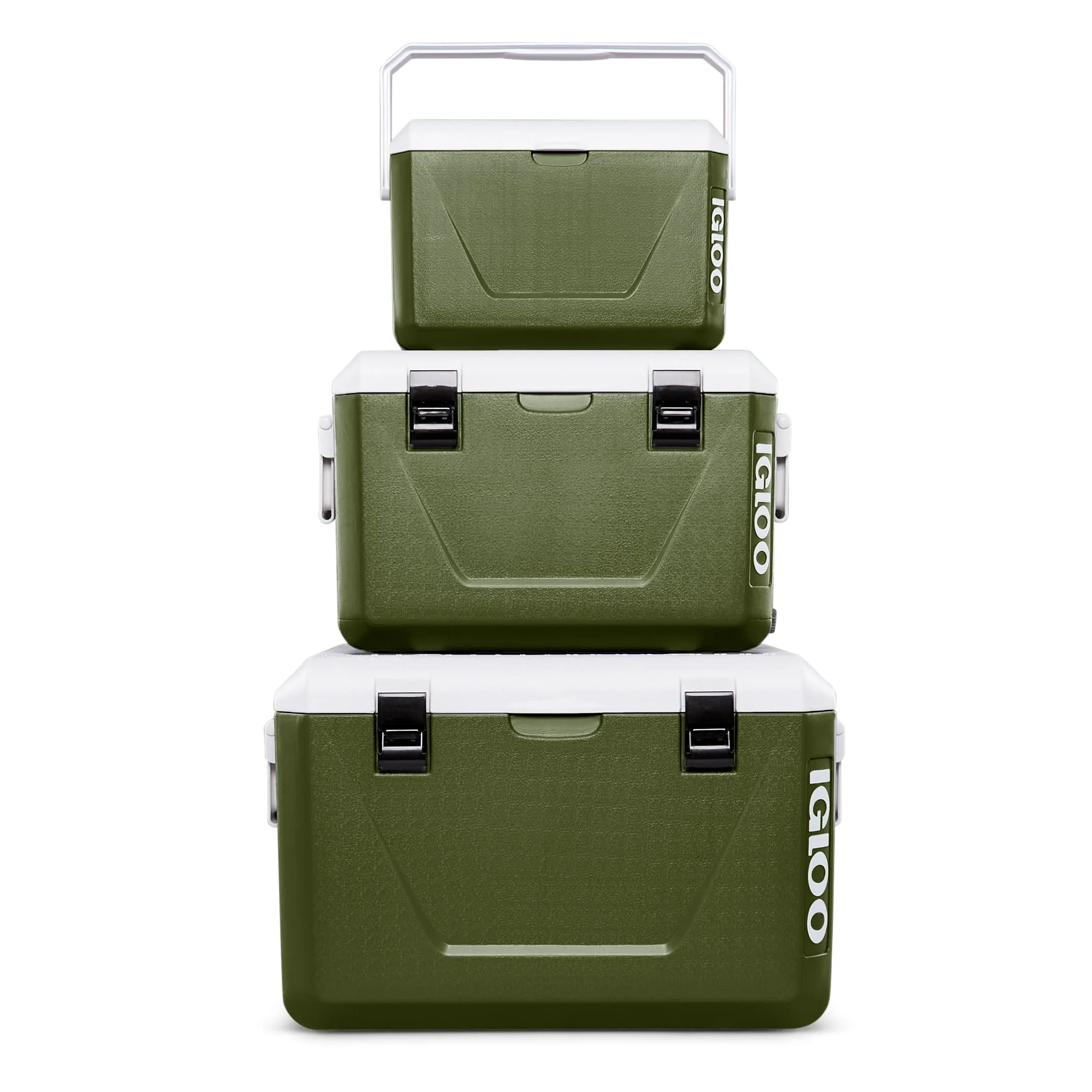 IGLOO Set di ghiacciaie passive impilabili 55 L + 27 L + 11 L – Contenitori termici leggeri & resistenti per campeggio, spiaggia & outdoor – Design salvaspazio impilabile, Verde