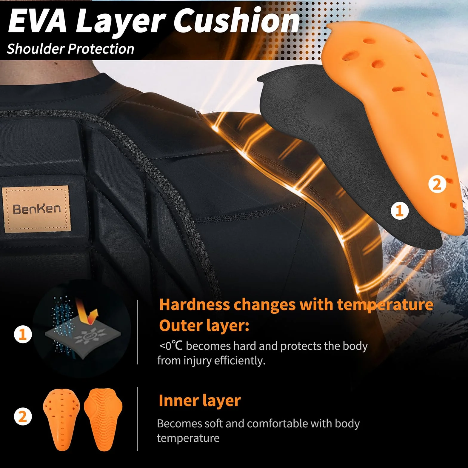 Benken - Sotto giacca regolabile da sci a maniche lunghe Protector Guard Gear Pad con fodera protettiva per schiena e spalle, regolabile per donna e uomo Top Upper Padded Armor