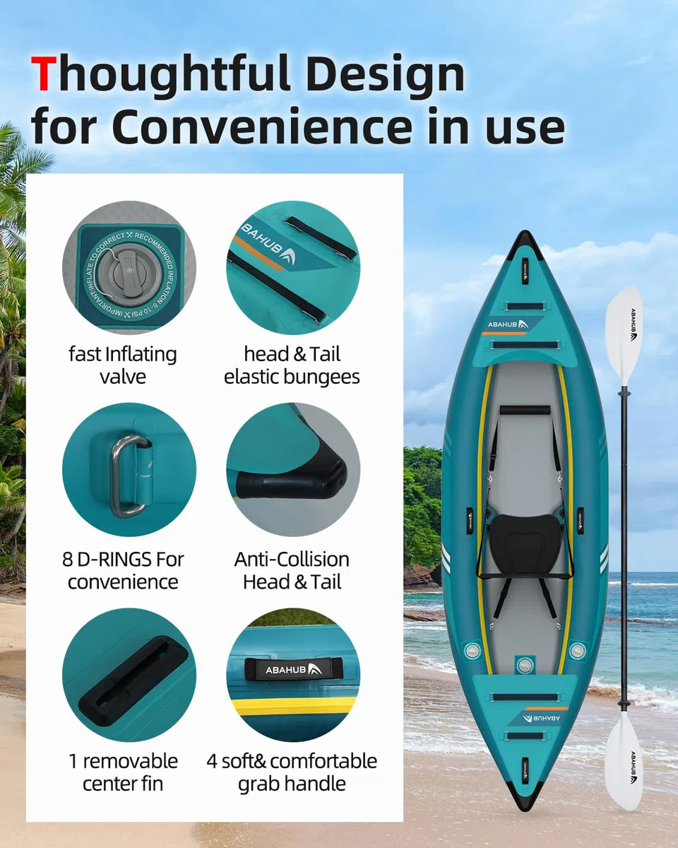 Abahub 320cm/420cm Kayak Gonfiabile con Pagaia, Sedile, Poggiapiedi, Pompa a Mano e Borsa per Kayak Canoa Gommone 1/2 Posti 320/420x89x23cm Azzurro