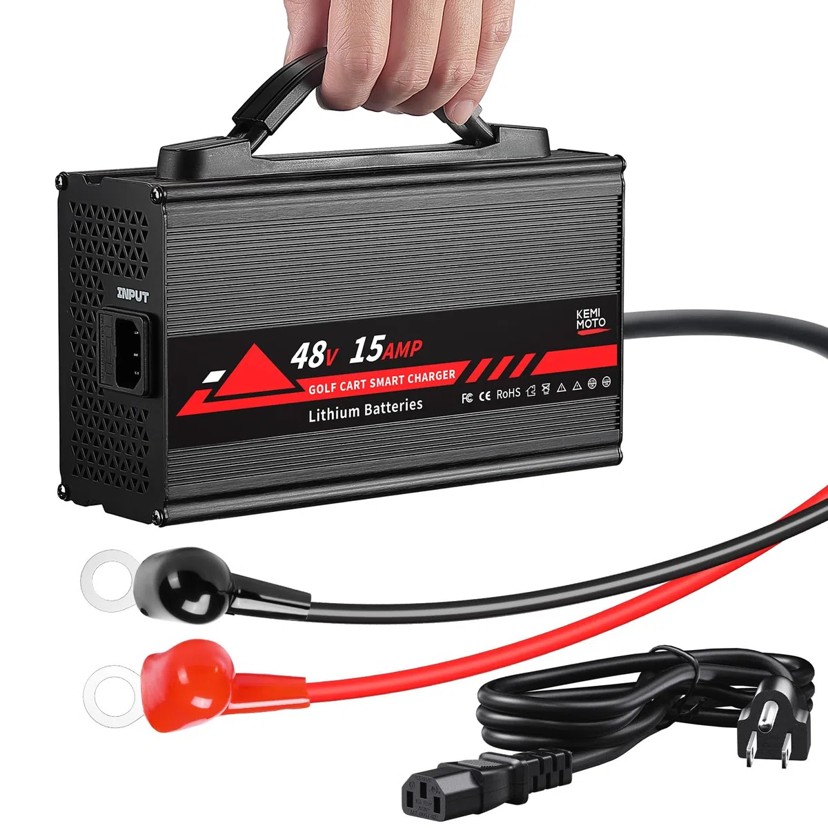 KEMIMOTO Caricatore universale per carrello da golf da 48 V, batteria al litio da 15 A, 51,2 V-58,4 V, Lifepo4, caricabatterie da golf cart da 48 Volt, protezione da sovraccarico, completo in 4-6 ore