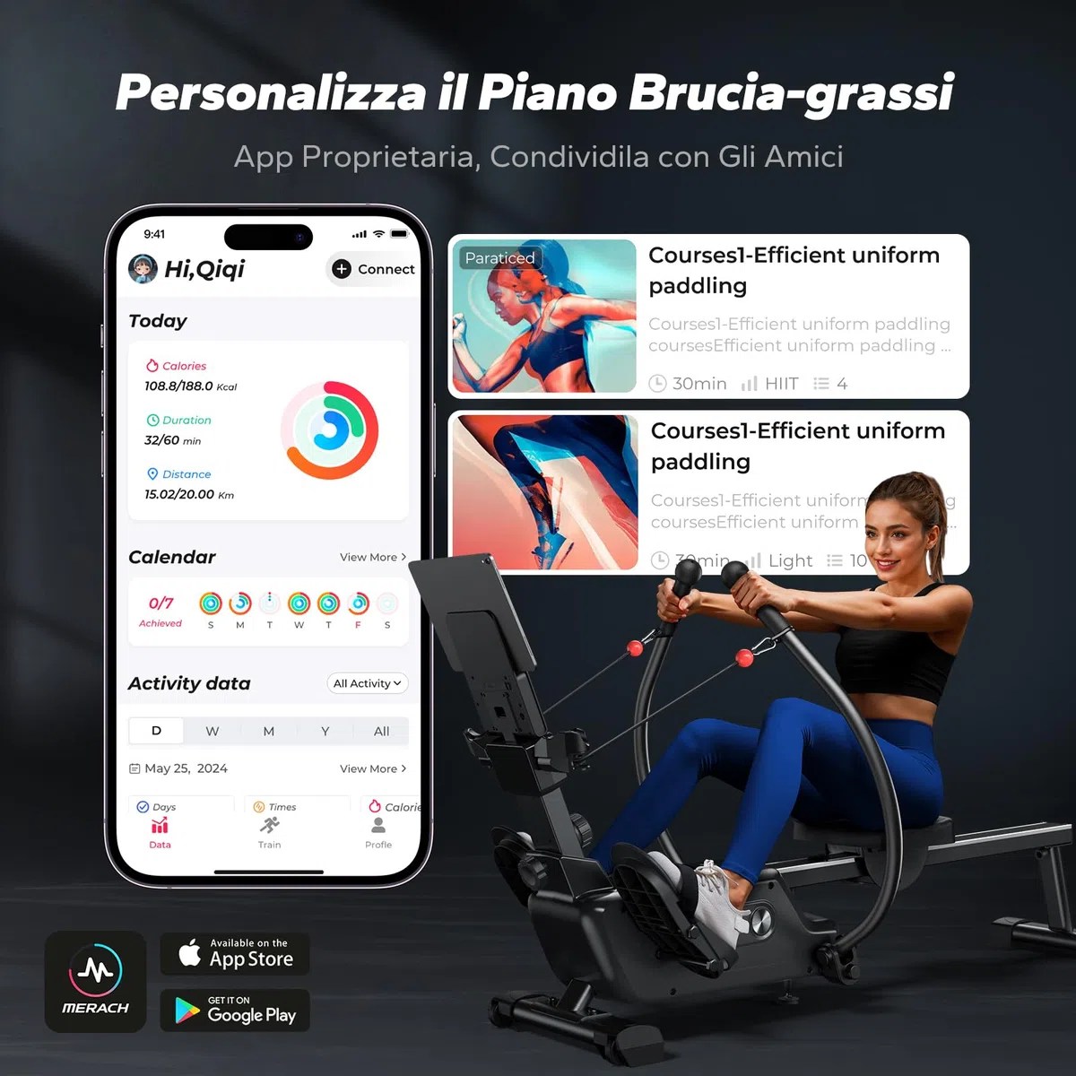 MERACH Vogatore per Casa con Mappa Interattiva Esclusiva e Giochi nell'APP, Aspetto Simile a uno Squalo, Esperienza di Remata Intensa, Salvaspazio, Adatto per l'Allenamento Completo del Corpo